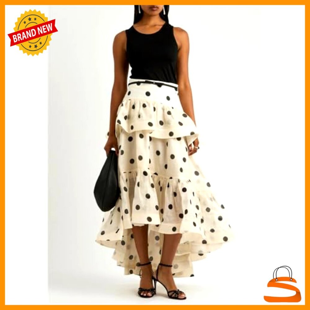 Polka Dot Maxi Skirt High Waist Asymmetrical Ruffle Layered Midi Summer - Picture 2 of 7